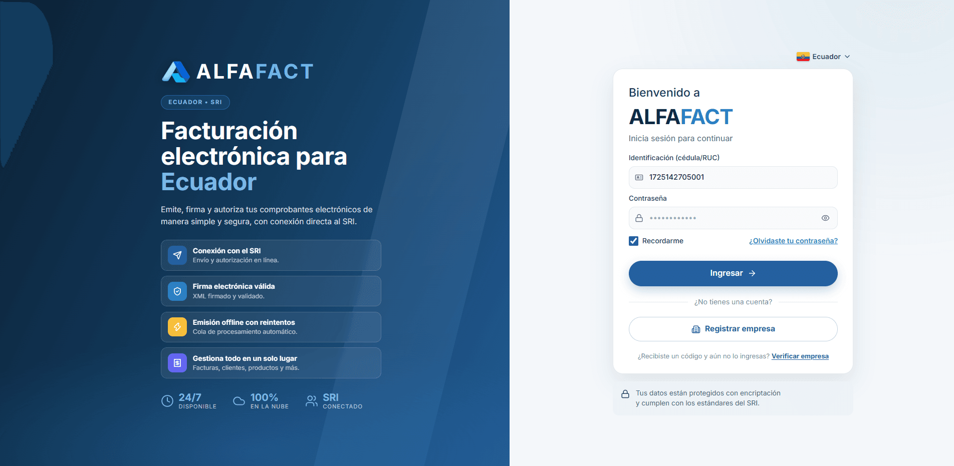Vista del sistema de facturación electrónica Alfafact conectado al SRI