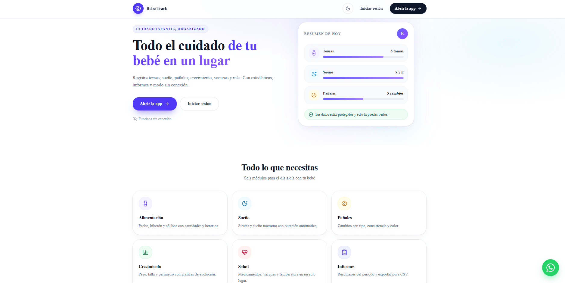 Vista de la aplicación Bebetrack para seguimiento y cuidado infantil